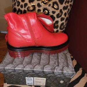 Red faux thigh high leather boot